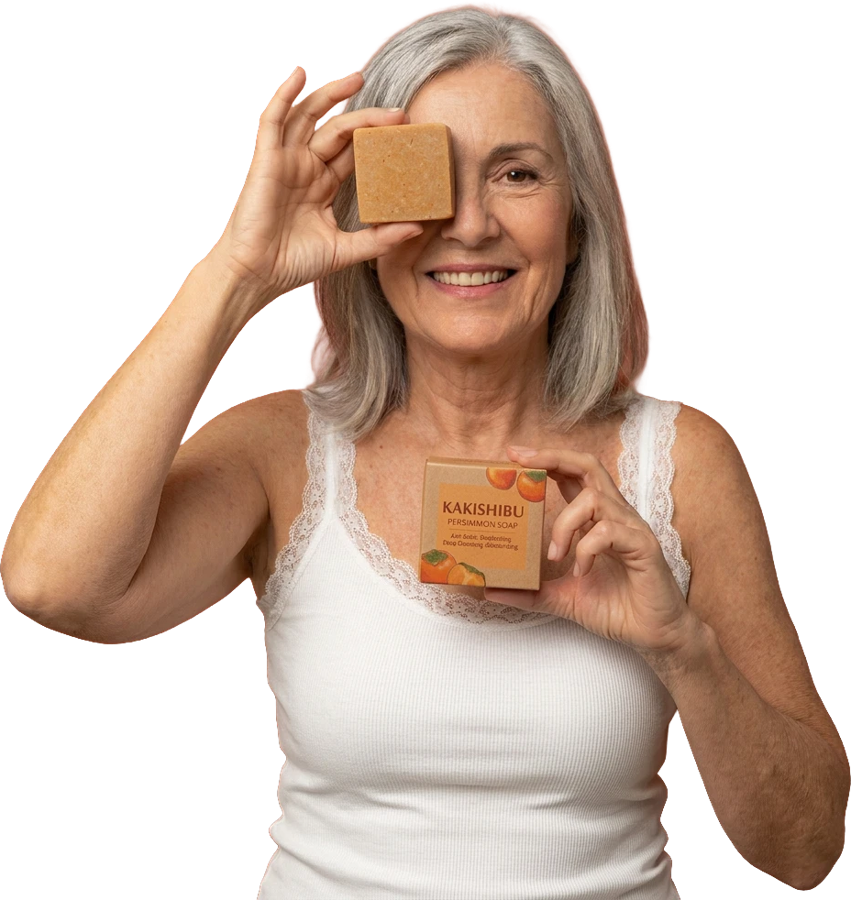 Señora sonriente con el jabón y la caja de KAKISHIBU