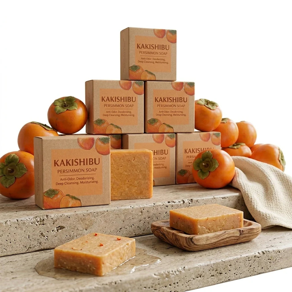 Cajas y jabones de KAKISHIBU con caquis